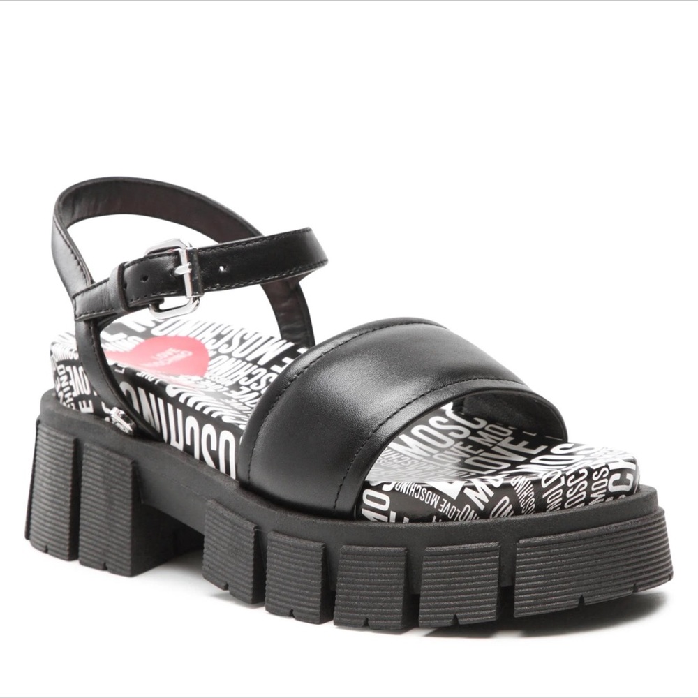 NEW Love Moschino Ankle Strap Platform Lug Sole Sandals in Black 41